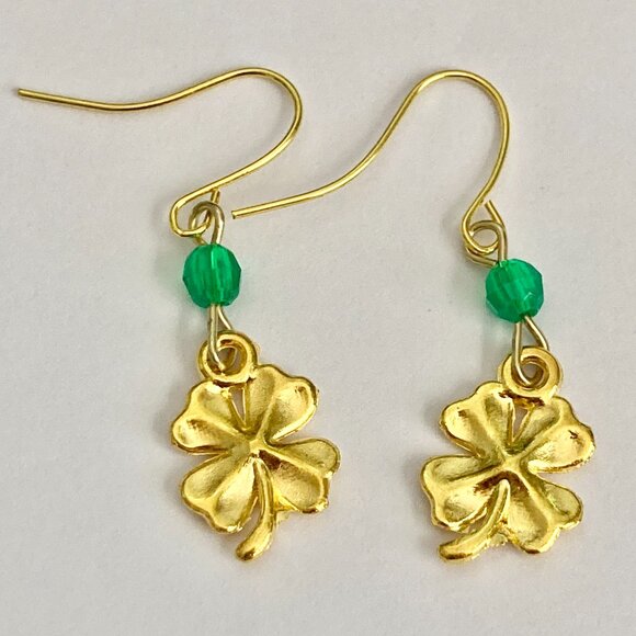 Shamrock Earrings Gold Plated Irish 4 Leaf Clover Luck Celtic St. Patricks Day - Picture 6 of 7